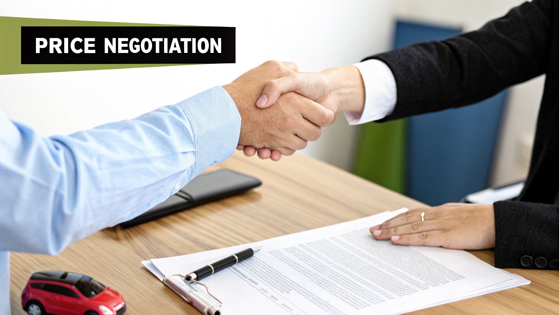A handshake sealing a deal in front of a car.