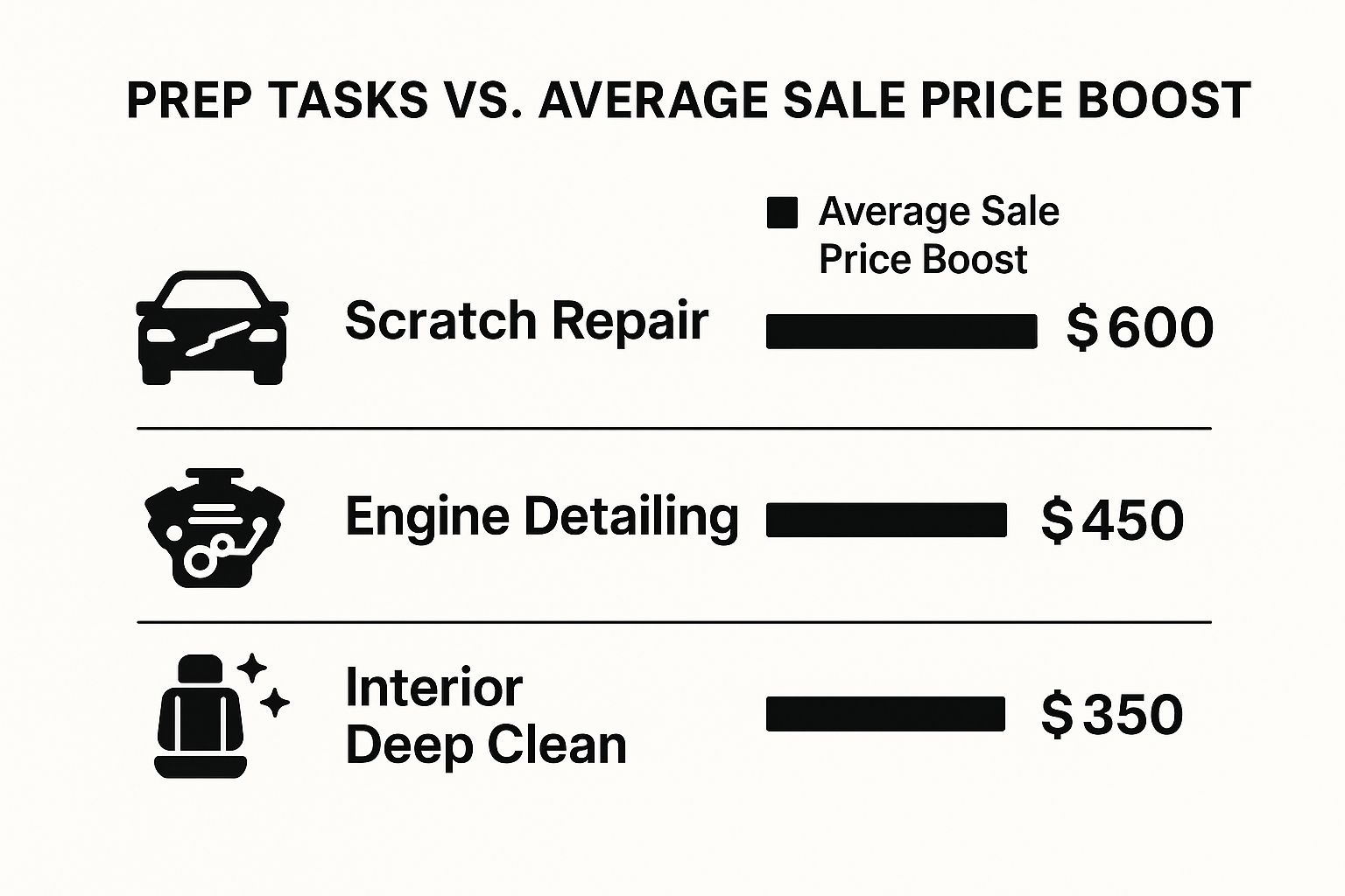 Infographic showing how specific prep tasks can boost a car's sale price, with scratch repair adding an average of $600.