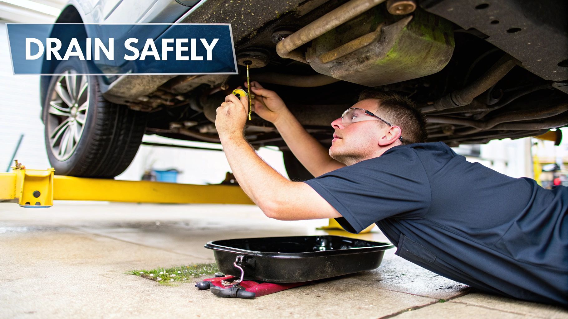 A mechanic's hands in gloves carefully unscrewing the sump plug, with a drain pan positioned below to catch the used engine oil.