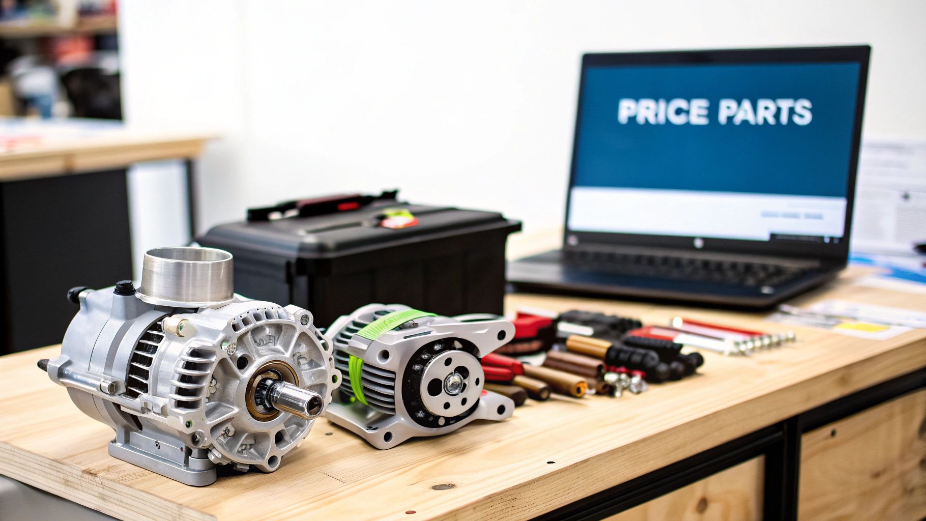 A person using a laptop to research prices of car parts online