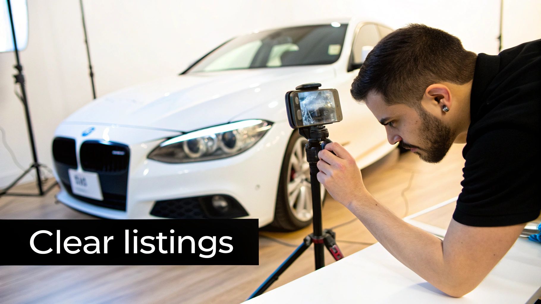 Man taking a well-lit photo of a clean car part on a workbench