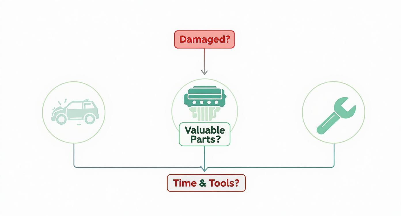 Infographic decision tree showing the process for selling a car for parts