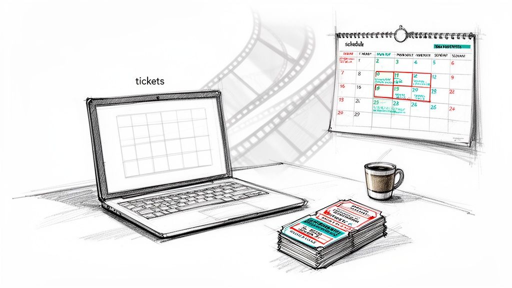 Sketch of a laptop, calendar, film strips, and a stack of tickets for event scheduling.