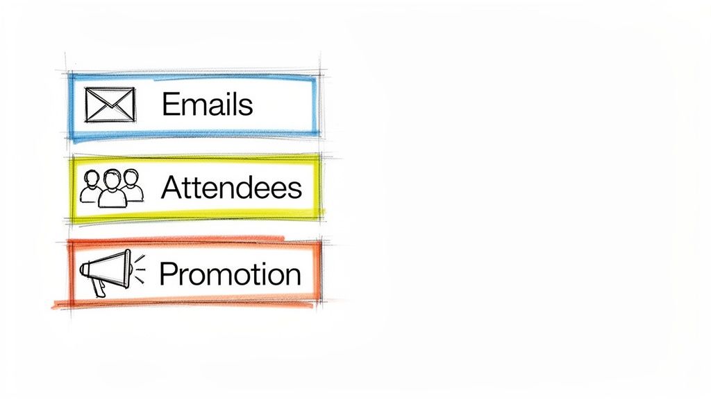 A colorful, hand-drawn diagram illustrating key event planning categories: Emails, Attendees, and Promotion.