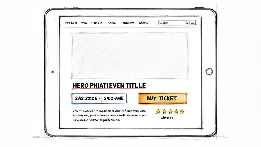 Sketch of a tablet screen displaying an event ticketing website, featuring a 'buy ticket' button.