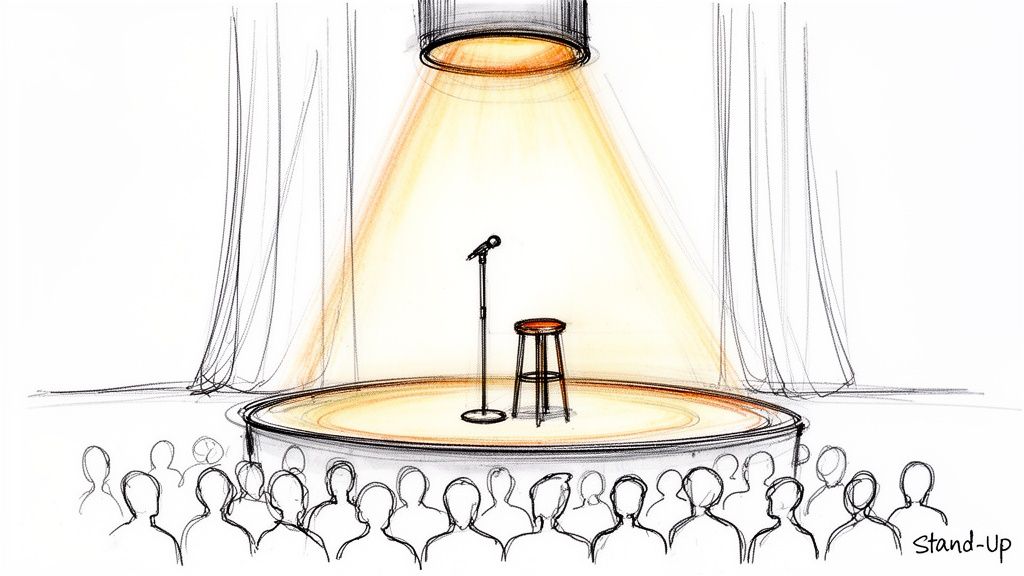 Sketch of a stand-up comedy stage with a microphone, stool, spotlight, and audience.