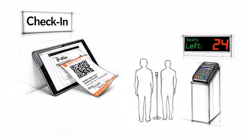 Illustration of an event check-in system with a tablet displaying a QR ticket and a 'Seats Left' display.