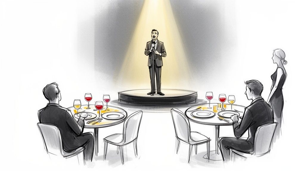 A male performer on stage under a spotlight, entertaining guests seated at dinner tables.