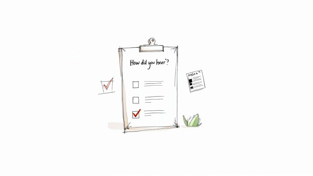 Clipboard with feedback survey asking 'How did you hear?' with checkboxes and checked options
