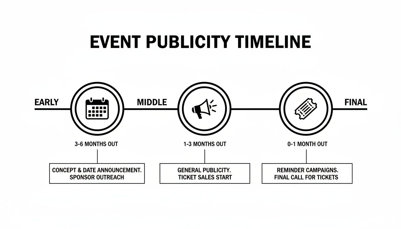 An event publicity timeline detailing key activities from early planning to the final call for tickets.
