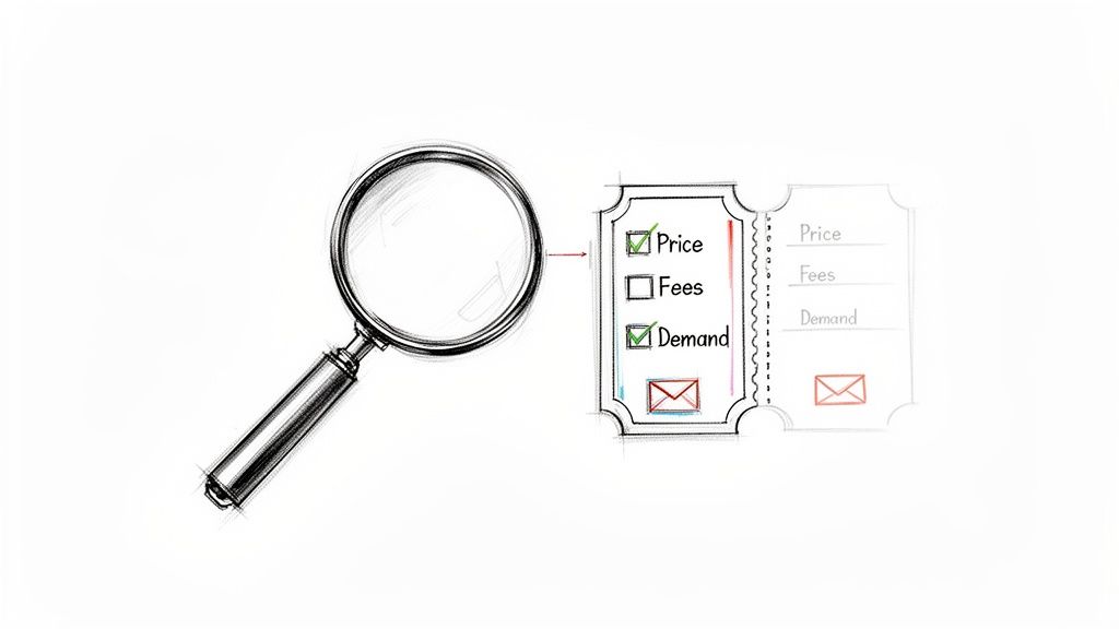 A magnifying glass points to a ticket with checked options for price and demand.
