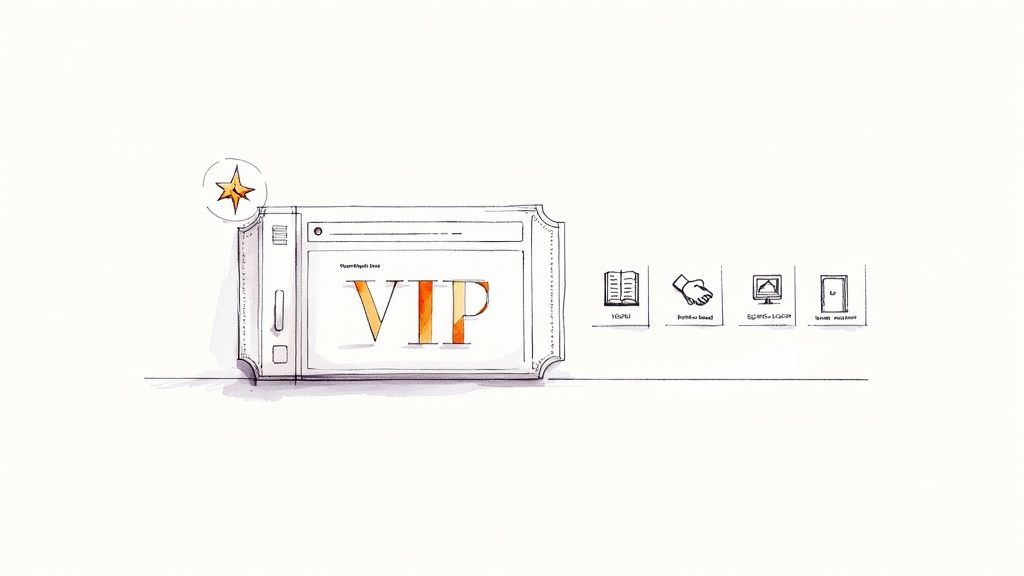 Hand-drawn illustration of a VIP ticket with a star icon, beside icons for books, handshake, monitor, and document.