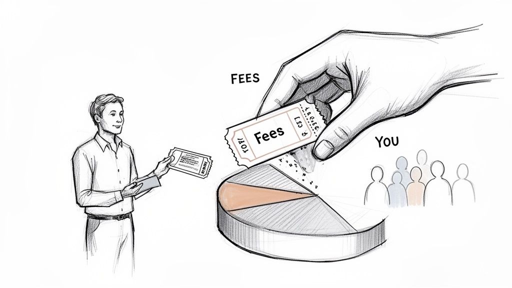 A man hands a ticket labeled 'Fees' to a large hand, taking a portion from 'You'.