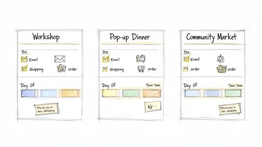 Hand-drawn event planning timelines for workshops, pop-up dinners, and community markets.