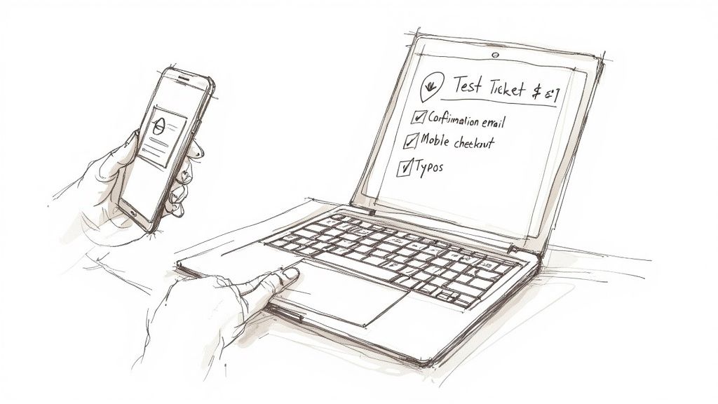 Sketch of hands using a smartphone and laptop to review a test event ticket and checklist.