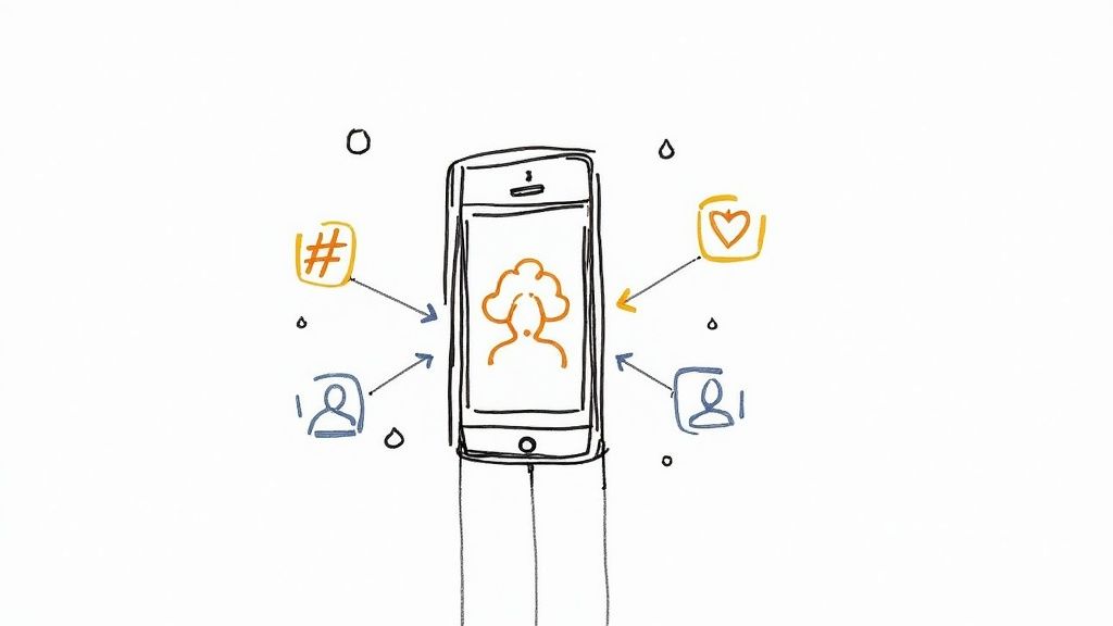 Illustration of a smartphone with a user profile, surrounded by social media icons for engagement and connection.