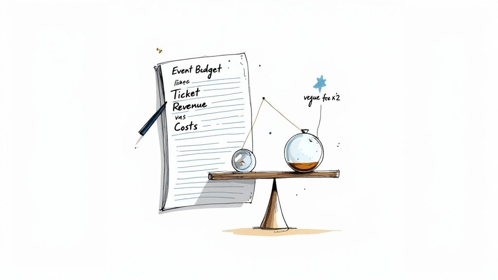Event budget document with pen on balance scale against venue fee, illustrating cost management