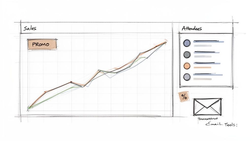 Hand-drawn sketch of a sales dashboard featuring a rising line graph and an attendee list.