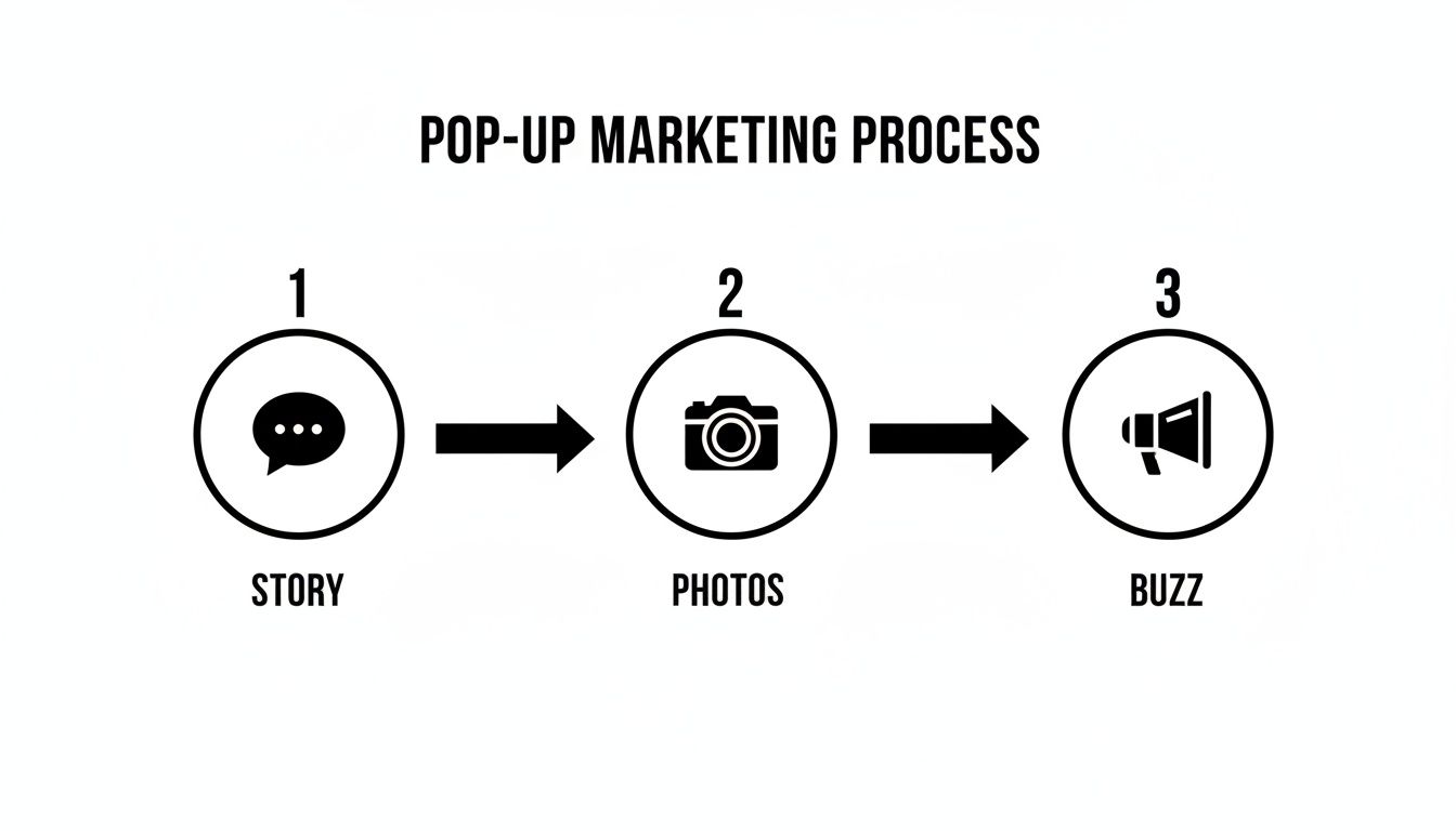 A three-step pop-up marketing process showing story with chat icon, photos with camera, and buzz with megaphone, linked by arrows.