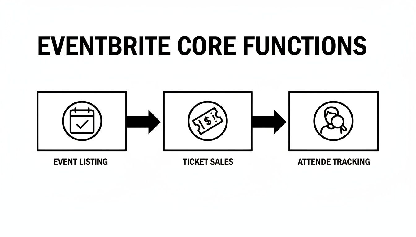 Diagram illustrating Eventbrite's core functions: event listing, ticket sales, and attendee tracking.