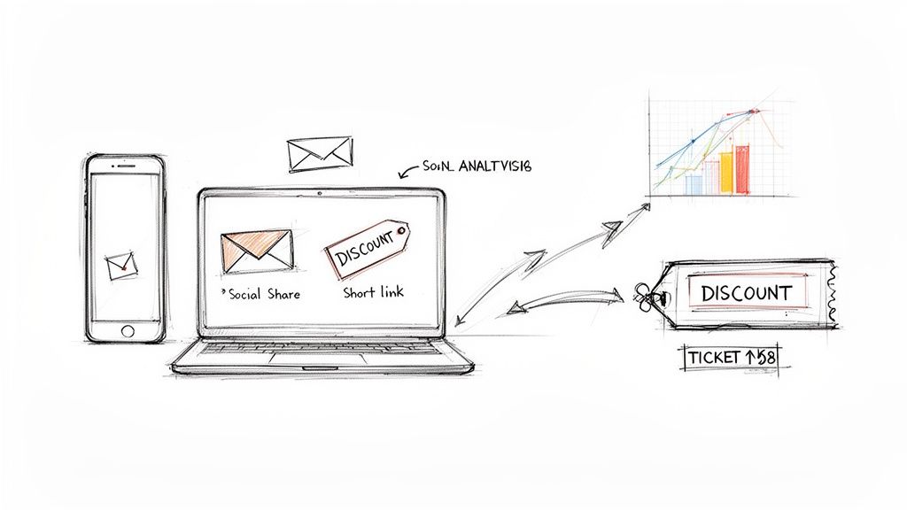 Hand-drawn diagram illustrating digital marketing: email, social sharing, discount links, analytics, and ticket sales.