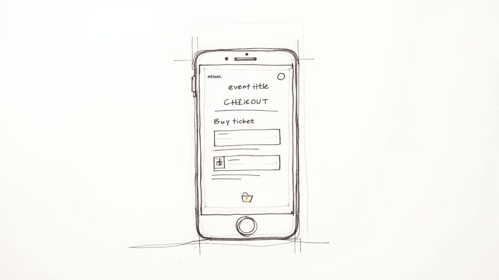 Mobile phone wireframe mockup showing event ticket checkout page with buy ticket button and shopping cart icon