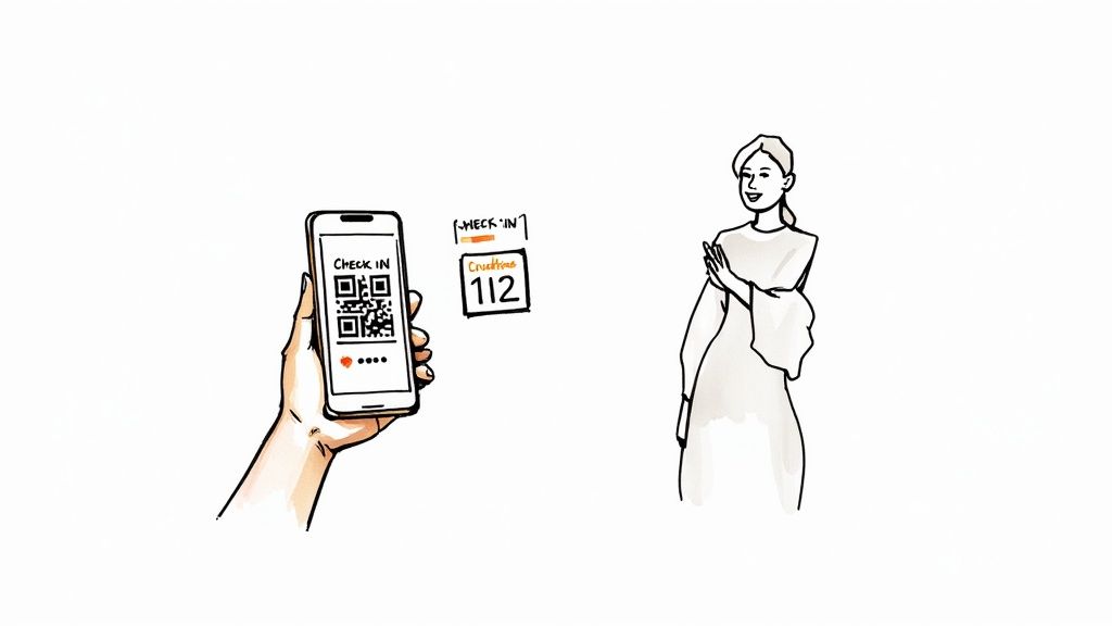 A hand holds a smartphone displaying a 'CHECK IN' QR code, next to a smiling woman and a numbered sign.