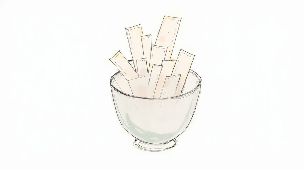 A hand-drawn watercolor illustration of a clear bowl filled with numerous light-colored rectangular paper strips on a white background.