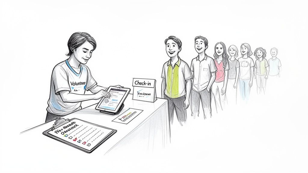 A volunteer uses a tablet to check in a line of people at a table during an event.