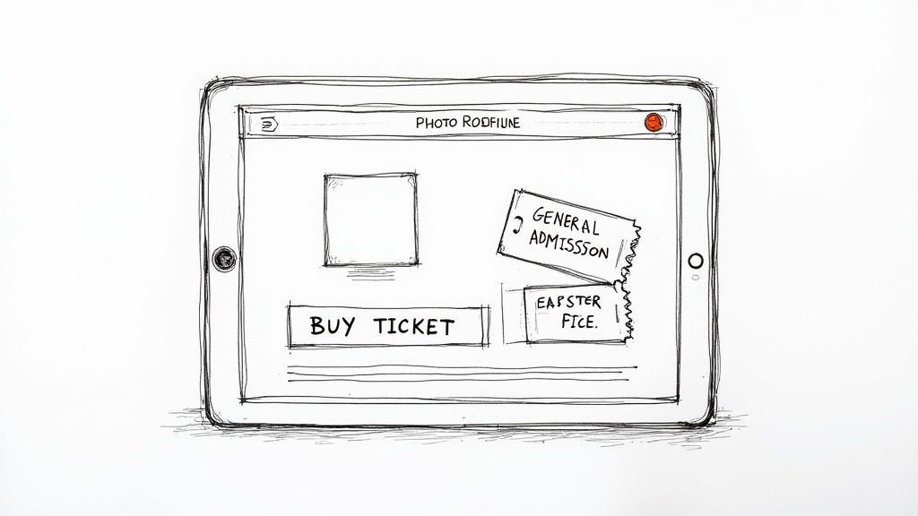 Sketch of a tablet showing a mobile app interface for selling tickets with a 'Buy Ticket' button.