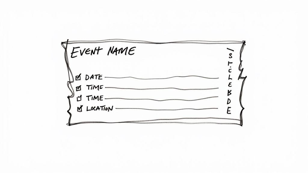 Hand-drawn event ticket template with fields for event name, date, time, and location.