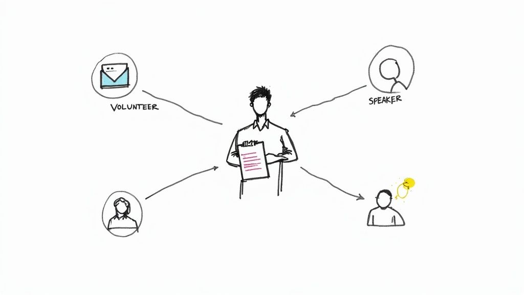 Event coordinator managing multiple roles including volunteer coordination, speaker management, and attendee engagement