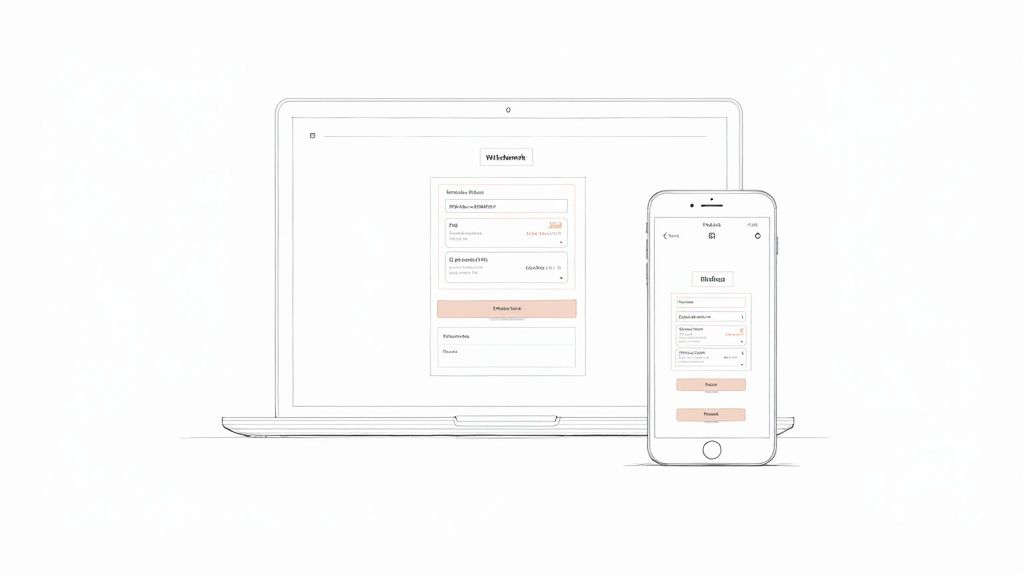 A laptop and smartphone display forms for creating event tickets or managing product orders, with input fields and buttons.