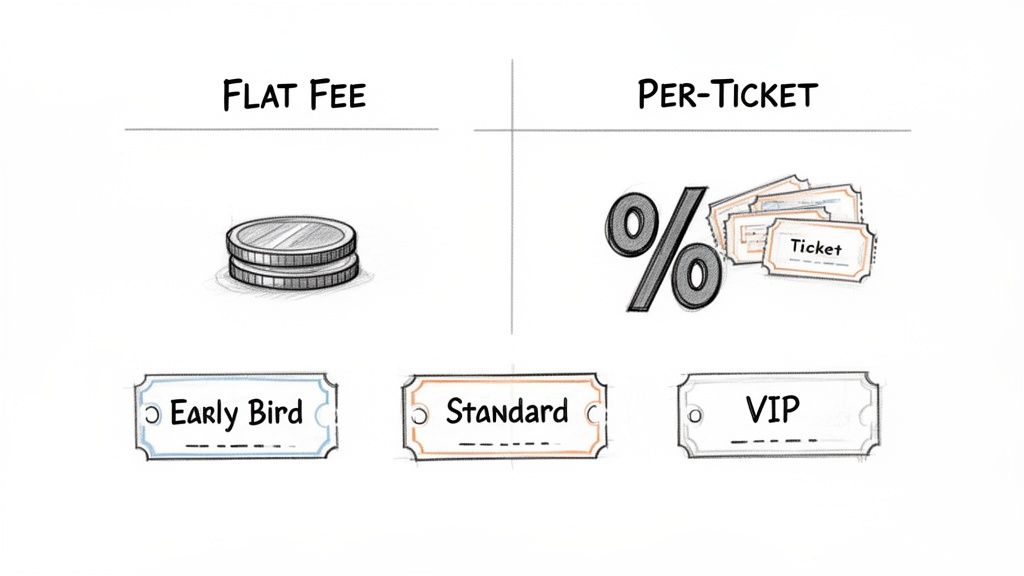 Illustration showing flat fee versus per-ticket event pricing models, with Early Bird, Standard, and VIP ticket options.