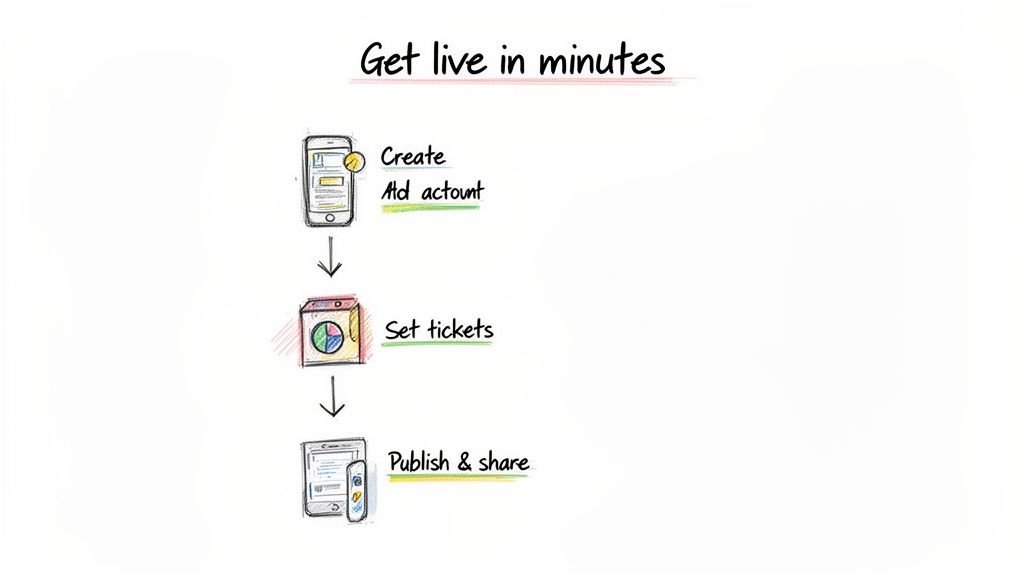 A three-step process flowchart illustrating how to get live in minutes: create ad account, set tickets, and publish & share.