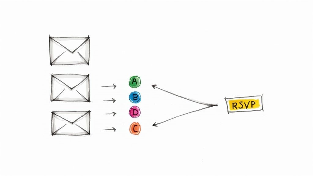 Hand-drawn diagram illustrating an event invitation flow, showing envelopes sent and individual responses converging at an RSVP box.