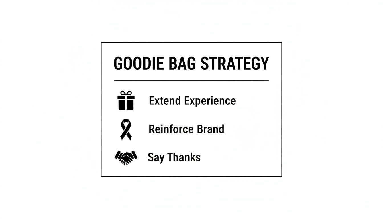 A goodie bag strategy outlining three key points: Extend Experience, Reinforce Brand, and Say Thanks.