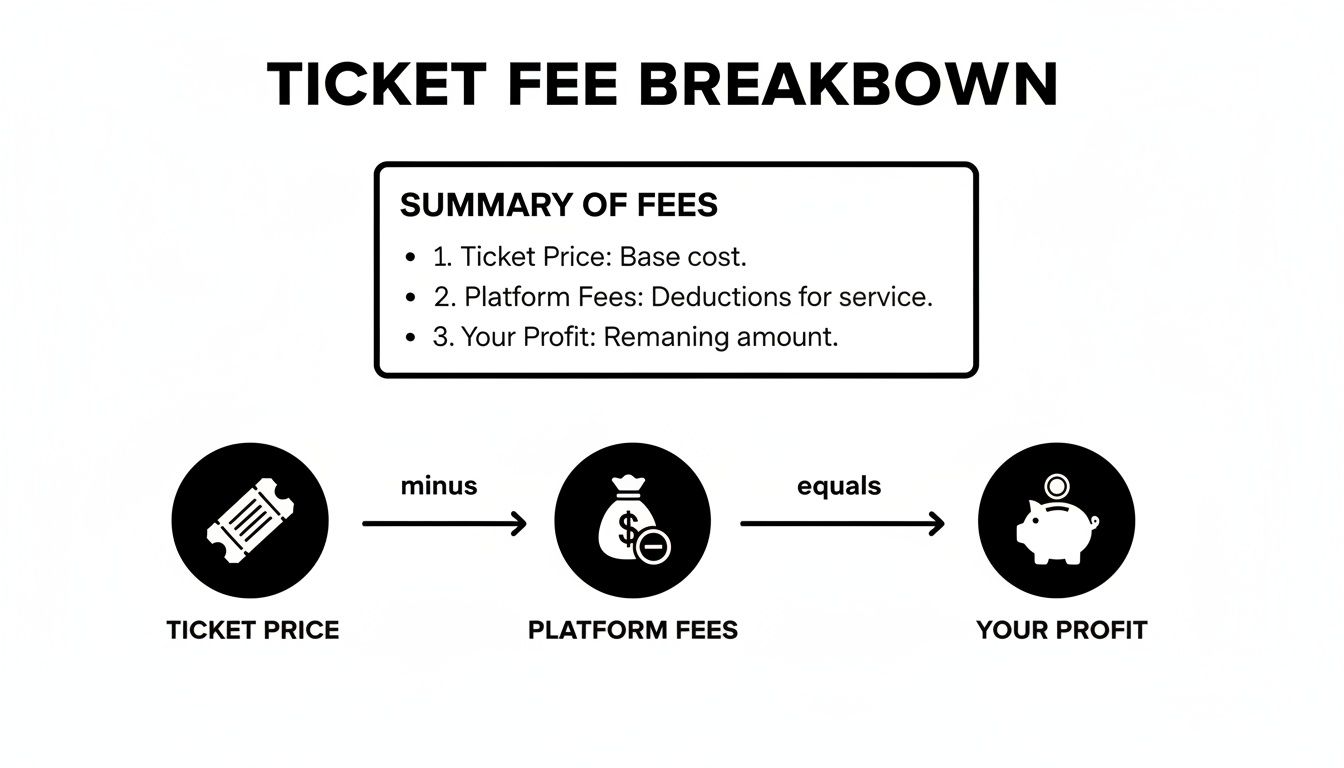 An infographic detailing ticket fee breakdown: Ticket Price minus Platform Fees equals Your Profit, with a summary.