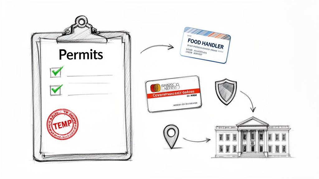 Diagram illustrating the process for obtaining permits, including food handler cards, government approvals, and location.