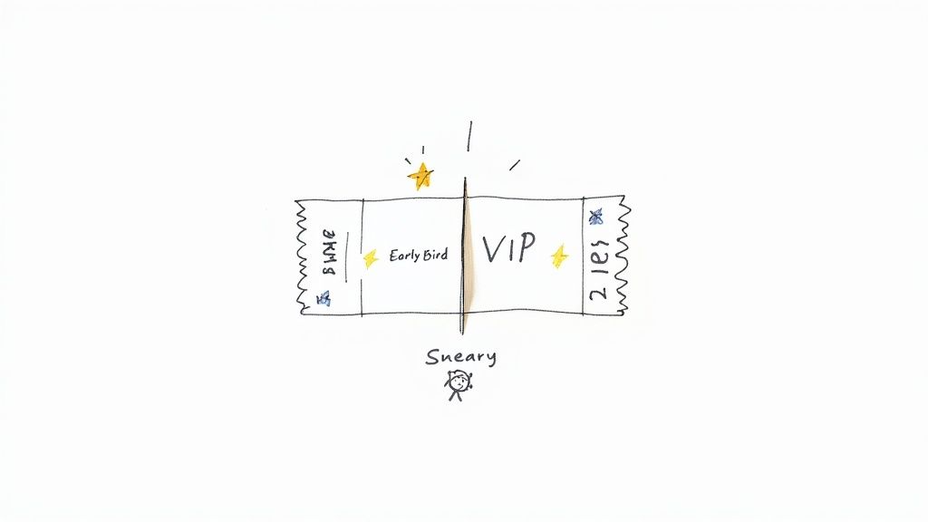 Hand-drawn presale event ticket showing 'Early Bird' and 'VIP' sections, with stars and a stick figure.