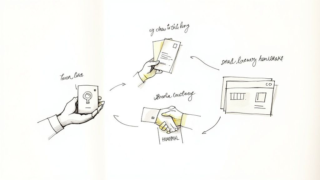 Hand-drawn illustration showing event promotion process from brewery to invitation to small brewery taphouse