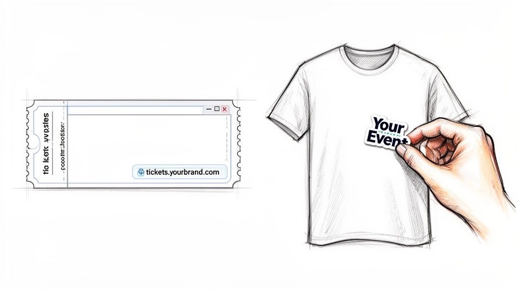 Sketch of event ticketing interface with custom domain and hand applying 'Your Event' sticker to a white t-shirt.