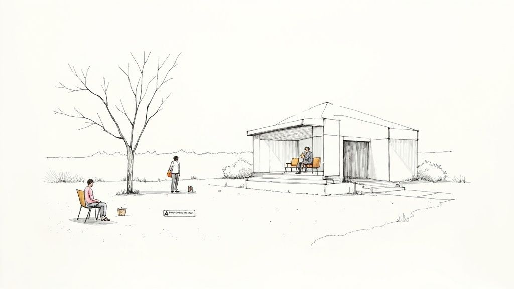 Line drawing of an outdoor setting with a tree, a person sitting, and a modern building with a musician.