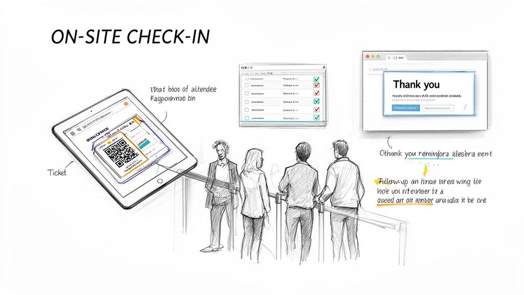 Illustration depicting an on-site event check-in process with a tablet displaying a QR code ticket and attendees.