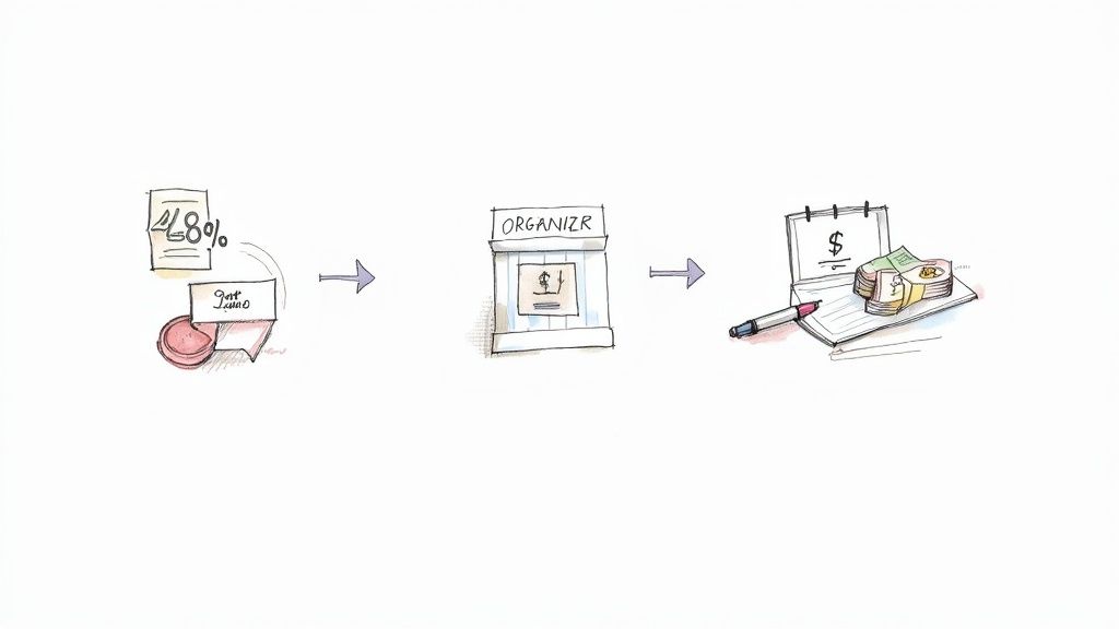 Event planning workflow illustration showing budget tracking, organization tools, and financial management with coins and documents