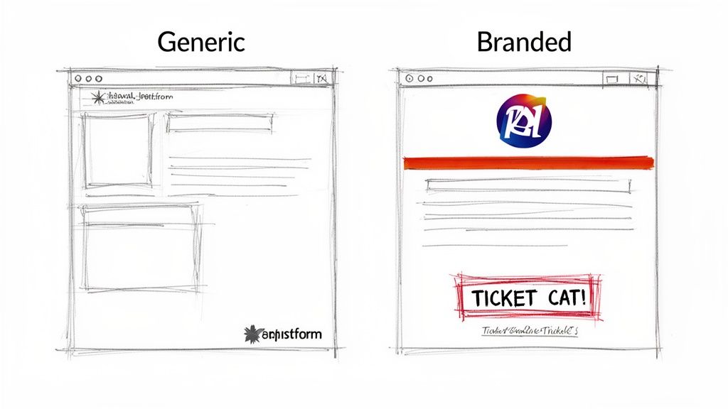 Two wireframe sketches comparing a generic web page design to a distinctively branded one.