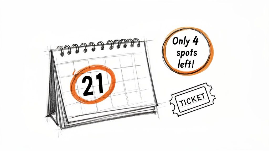 A sketch of a calendar with '21' circled, 'Only 4 spots left!' text, and a ticket.