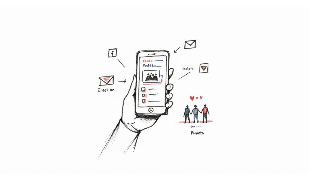 A hand holds a smartphone displaying a social media app, surrounded by icons for messaging and connections.