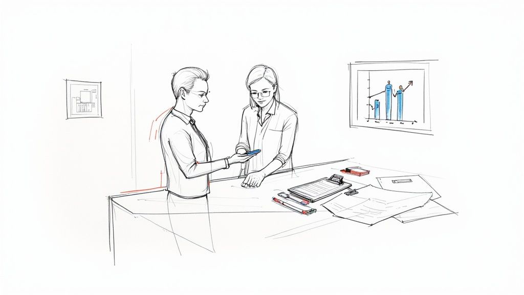 Two business professionals discussing data on a smartphone at an office desk with charts.