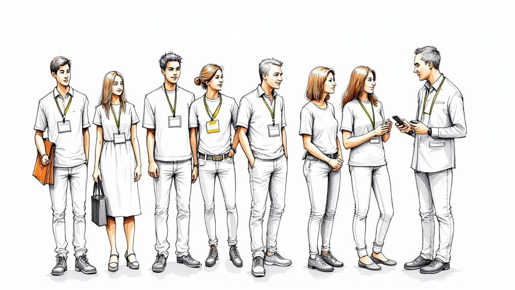 A diverse group of people in white attire with lanyards, some conversing, at an event.